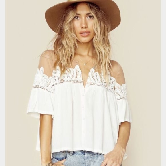 FOR LOVE & LEMONS White Lace Mesh Carmine Blouse L - Picture 15 of 15